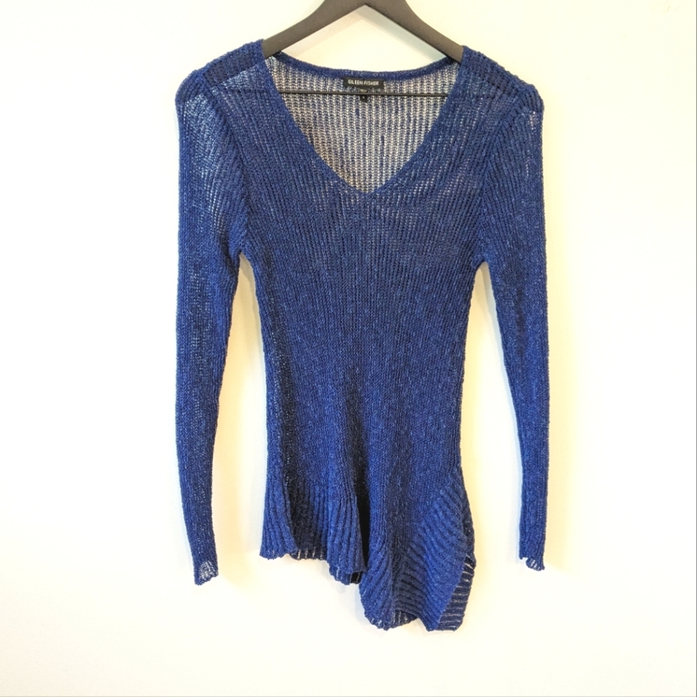 Eileen Fisher Blue Linen Blend Open Knit Lagenlook Asymmetric Top